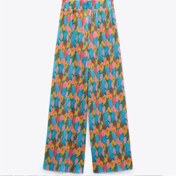 Zara Mod Retro Floral Wide Leg Palazzo Pants size small Pink Green Yellow - Picture 1 of 10